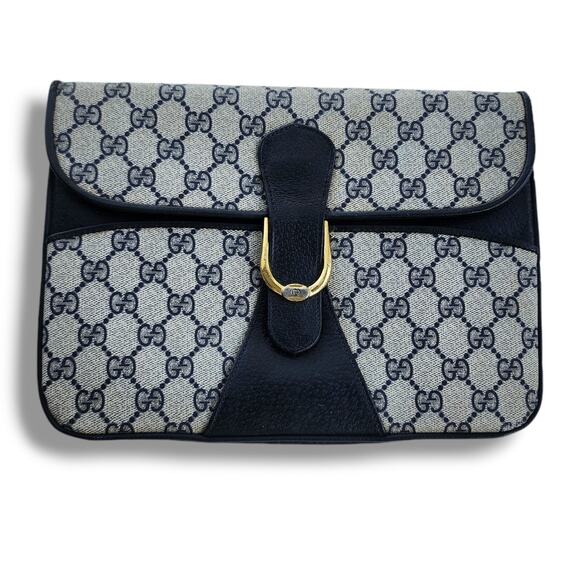 VINTAGE Gucci GG Web Coated Canvas Shoulder Bag Blue White Leather Trim Chain - Picture 1 of 14